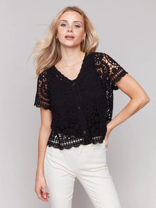 Short Sleeve Crochet Bolero [Black-C4584]