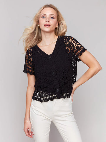 Short Sleeve Crochet Bolero [Black-C4584]
