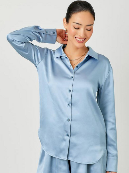 Button Down Silky Relaxed Shirt [Blue-60452]