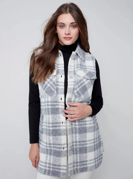 Button Front Collared Vest With Pockets [Light Grey-C6258]