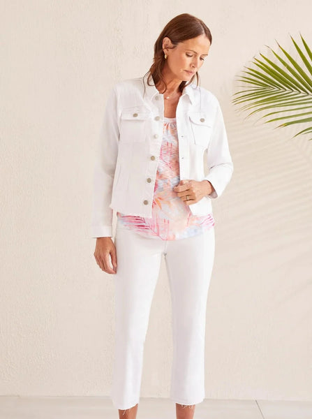 Button Front Jacket W Raw Edge Hem [White-1762O]