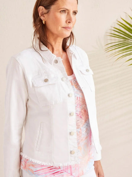 Button Front Jacket W Raw Edge Hem [White-1762O]