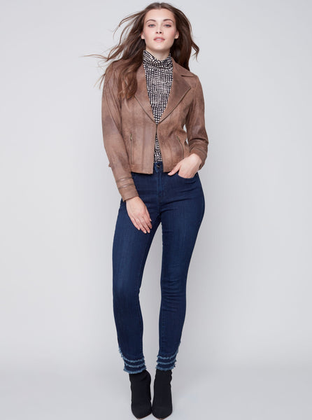 Coated Faux Sueded Motto Jacket [Truffle-C6231]