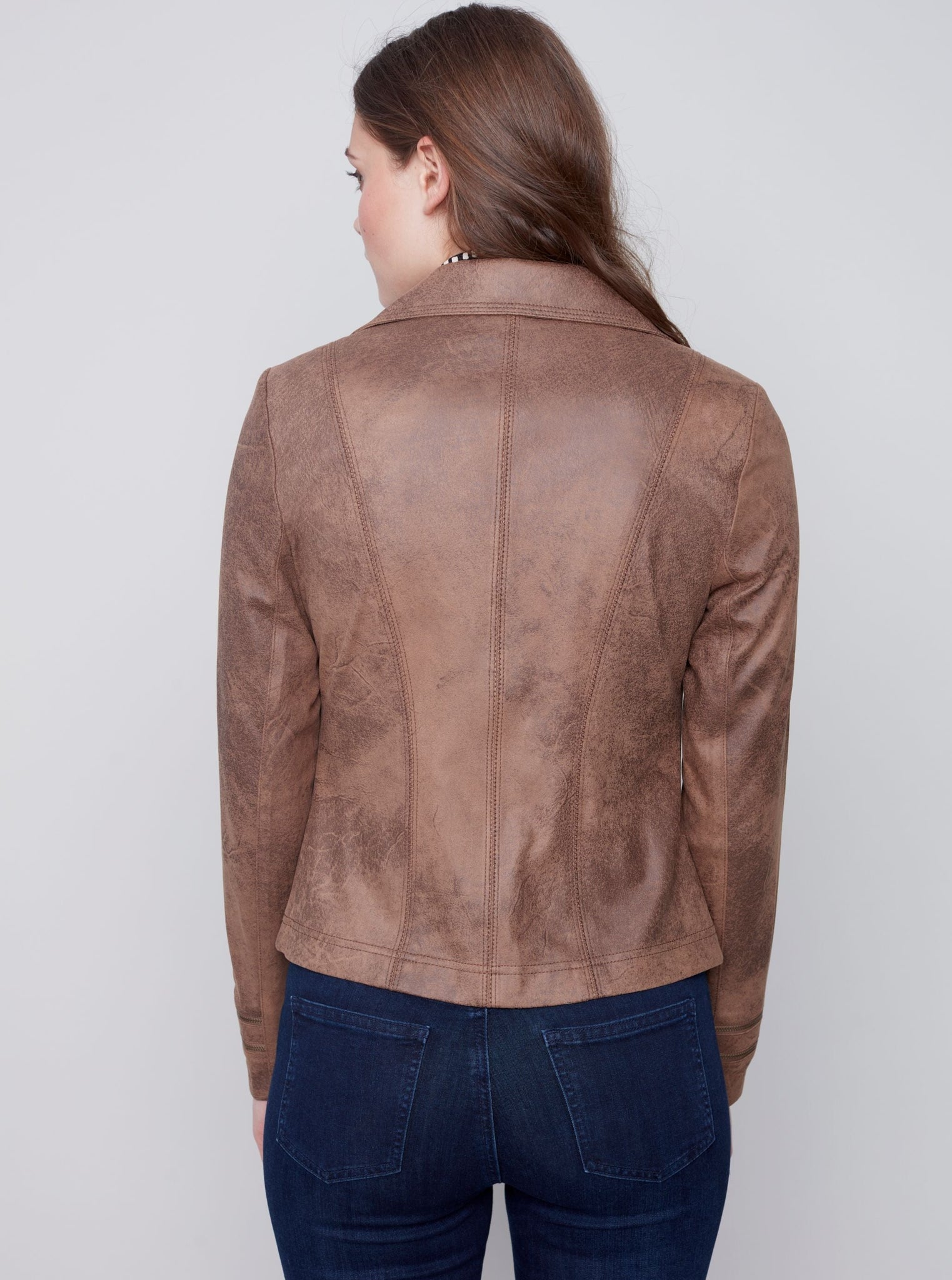 Coated Faux Sueded Motto Jacket [Truffle-C6231]