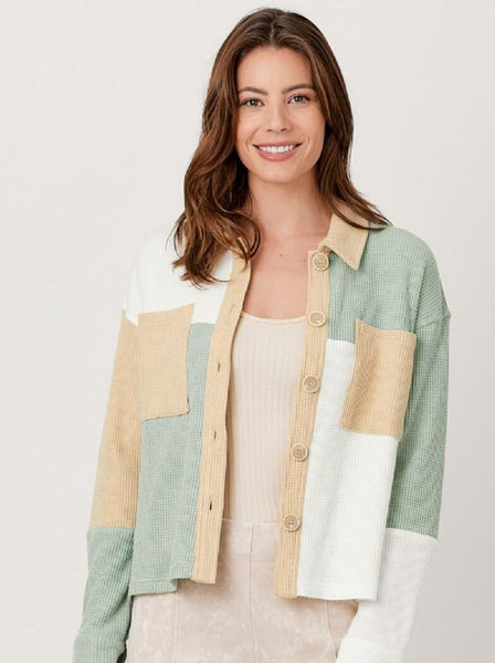 Color Block Shacket [Green/Ivory-60536]