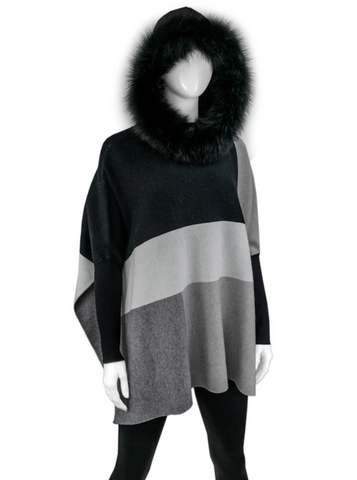Color Block Hoodie With Fox Trim Hood [Black-POYUW9]