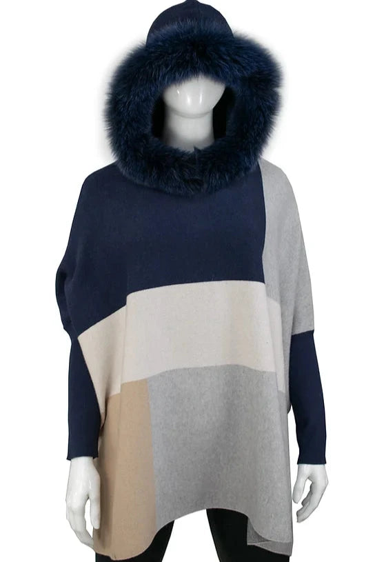 Color Block Hoodie With Fox Trim Hood [Navy-POYUW9]