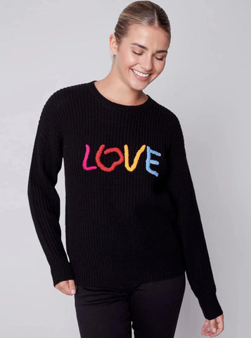 Crewneck Drop Shoulder Love Sweater [Black-C2548]