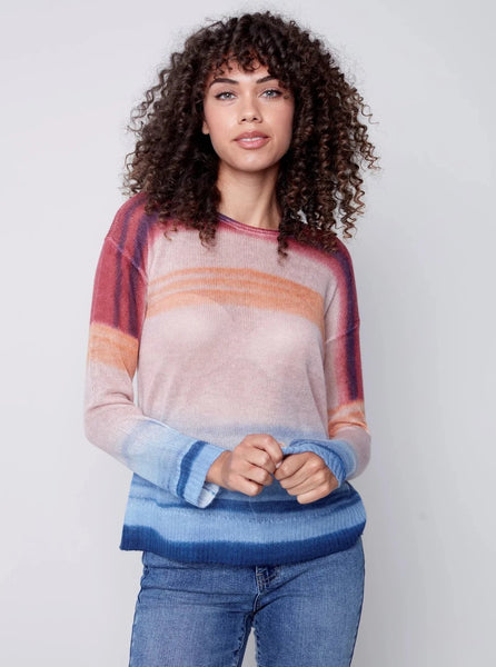 Crewneck Drop Shoulder Sheer Knit Printed Sweater [Multi-C2577]