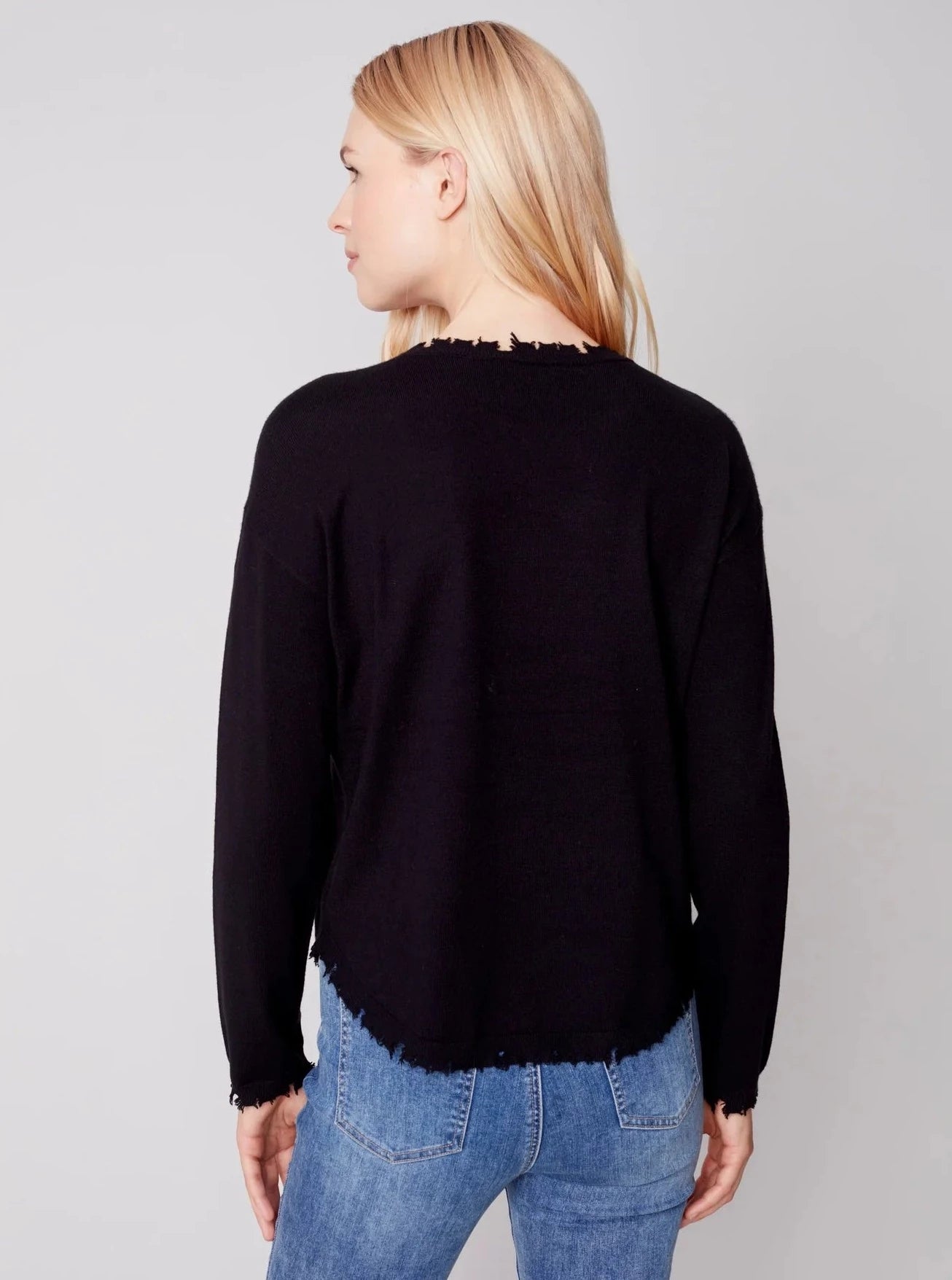 Crewneck Frayed Edge Sweater [Black-C2535]