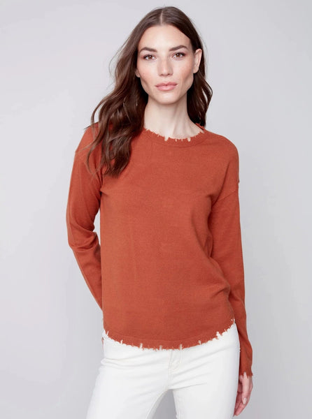 Crewneck Frayed Edge Sweater [Cinnamon-C2535]