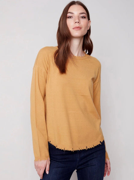 Crewneck Frayed Edge Sweater [Gold-C2535]