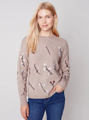 Crewneck Sweater Flower Embroidery [H Almond-C2561]