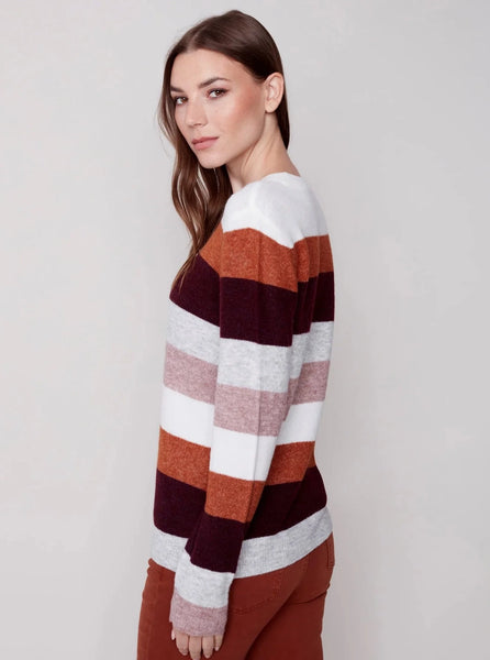 Crewneck Sweater With Color Stripe Design [Powder-C2557]