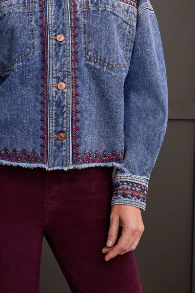 Crop Denim Shacket With Embroidery [Strong Blue-5670O]