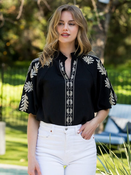 Embroidered Puff Sleeve Top [BK-WCT2232-3]