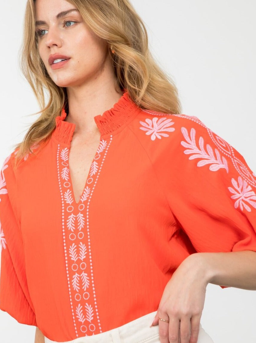 Embroidered Puff Sleeve Top [RA-WCT2232]