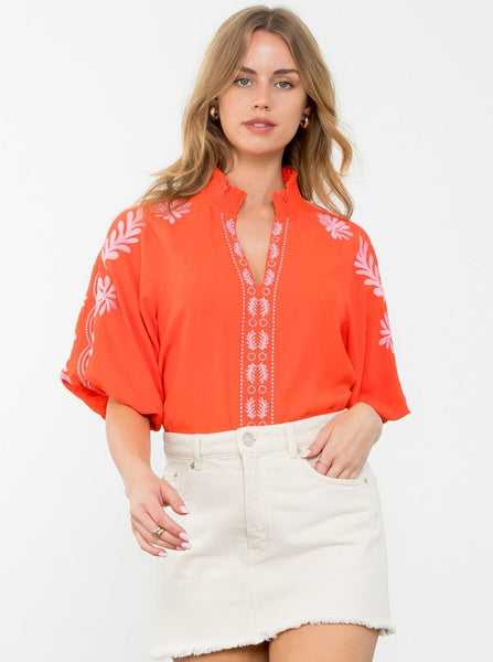 Embroidered Puff Sleeve Top [RA-WCT2232]