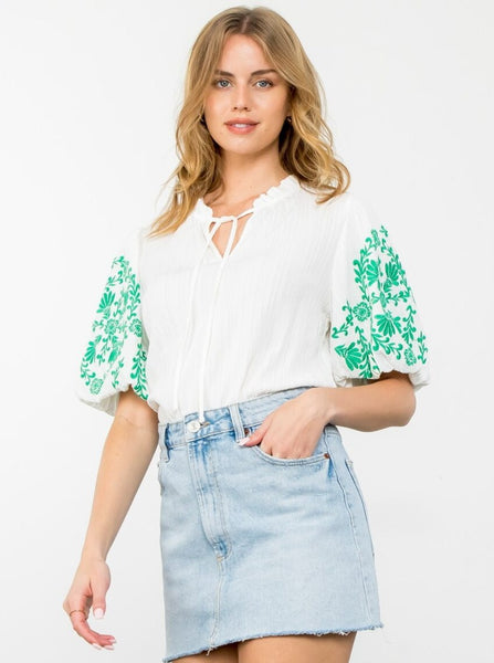 Embroidered Sleeve Textured Top [WH-FTM2634]