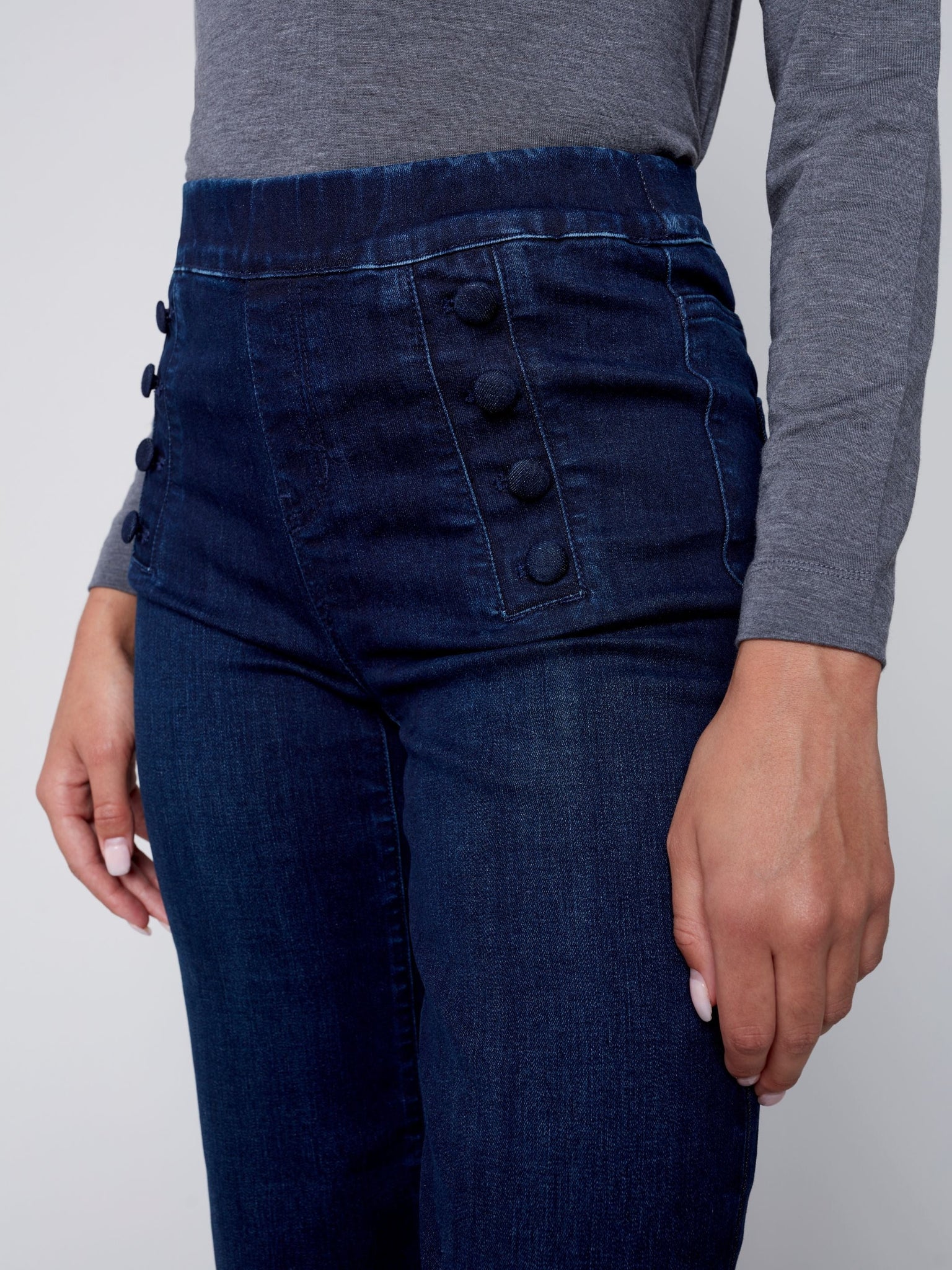 Flare Pull On Pant Side Buttons [Blue Black-C5459]