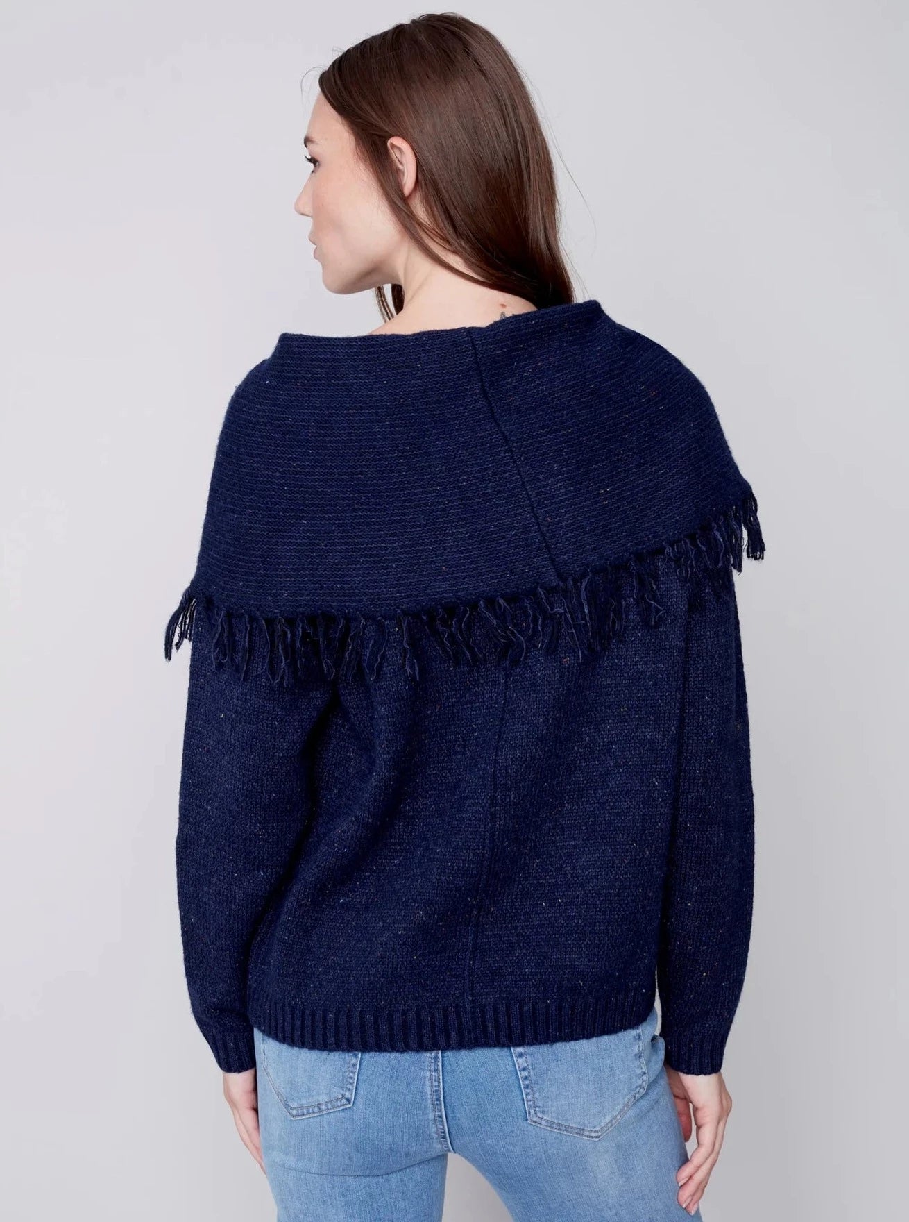 Fringe Cowl Neck Sweater [Denim-C2584]