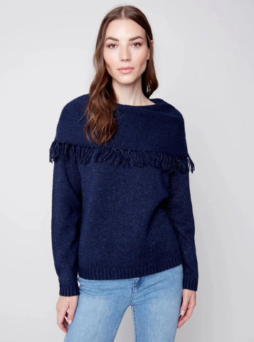 Fringe Cowl Neck Sweater [Denim-C2584]