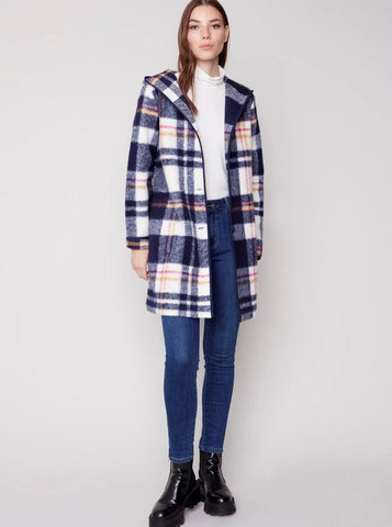 Hooded Button Front Boiled Wool Jacket [Navy-C6267]