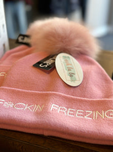 Knitted Hat F*cking Freezing with Black Fox Pom Pom [Soft Pink-HTRA01]