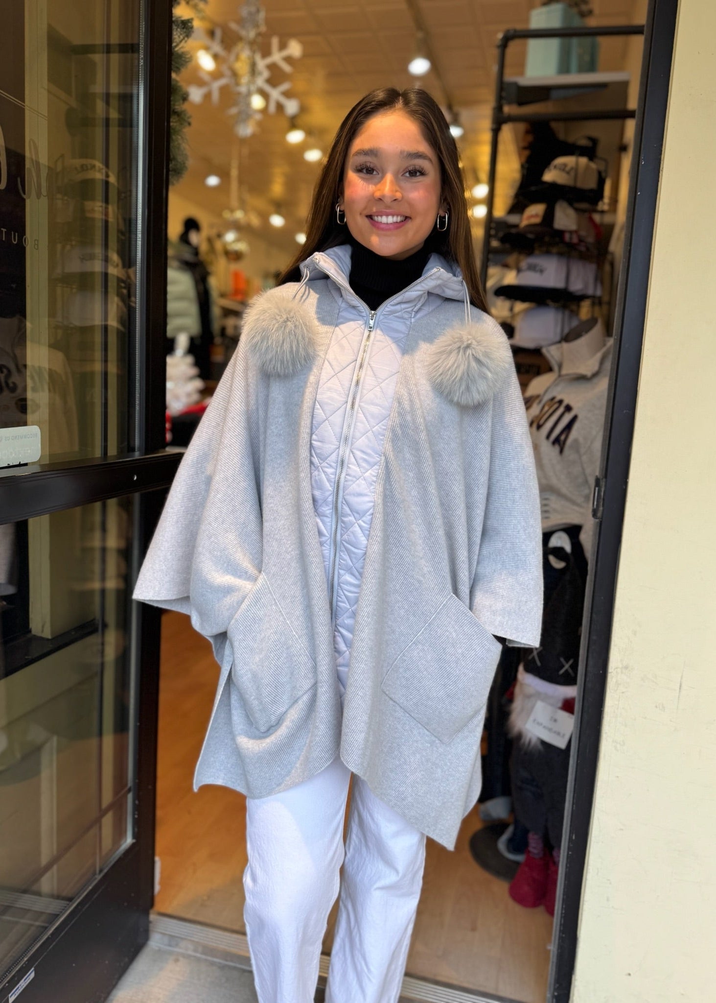Knit Poncho Fox Fur Poms [Light Grey-POIM71]