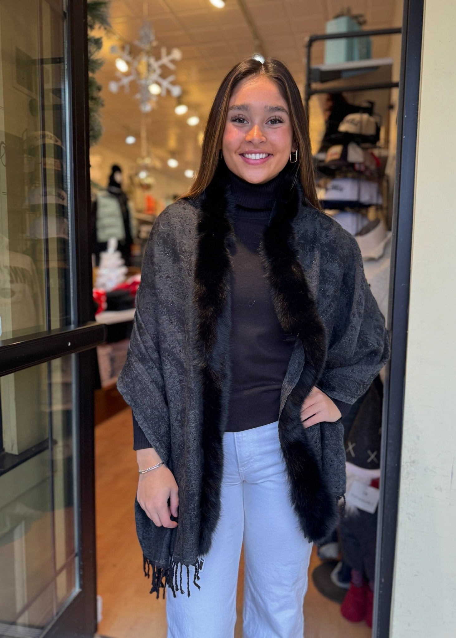 Woven Scarf With Crystals WIth Fox Fur Trim [Black-SCBS18]