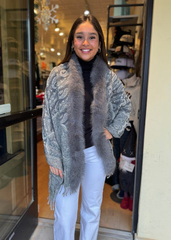 Woven Scarf With Crystals WIth Fox Fur Trim [Gray-SCBS18]