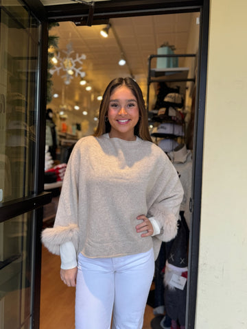 Oatmeal Knit Poncho W Lurex and Fox Fur [Oatmeal-POIM70]