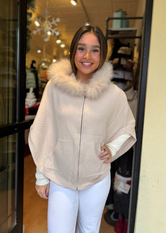Knit Zip Up Poncho With Fur Hood [Pearl-POYU17]