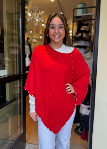 Cashmere Poncho With Pearls [Red-POIM68]