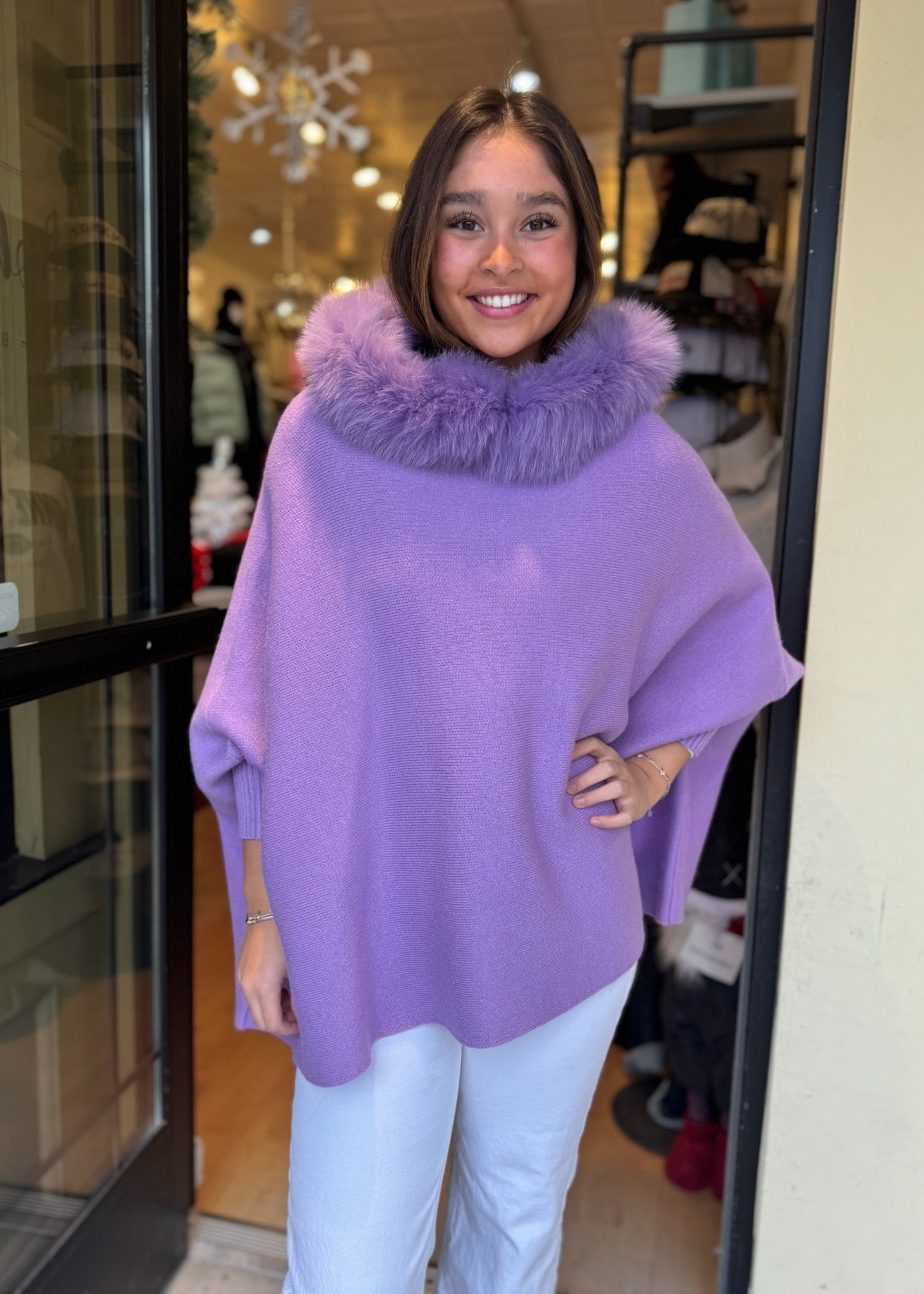 Knit Poncho Fox Trim Hood [Lilac-POYUW2]
