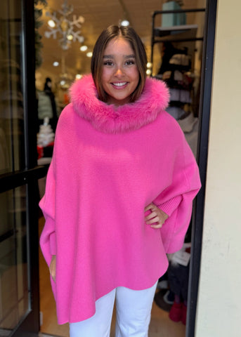 Knit Poncho Fox Trim Hood [Pink-POYUW2]