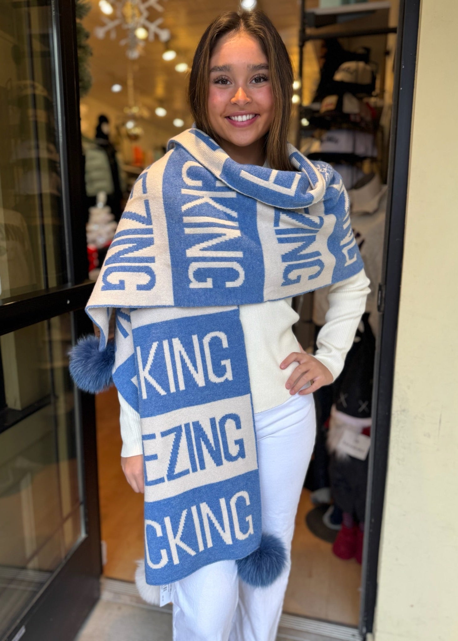 F*cking Freezing Knitted Scarf [Ivory/Sky Blue-SCIM25]