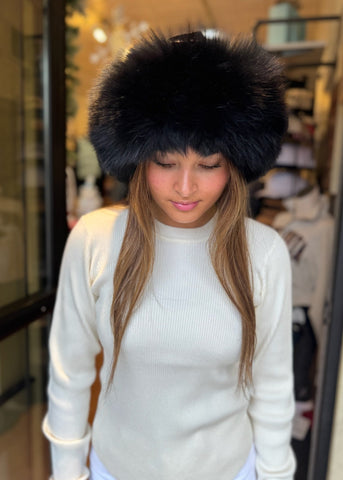 Knit Wool Hat With Fox Fur Trim [Black-HTHL04]