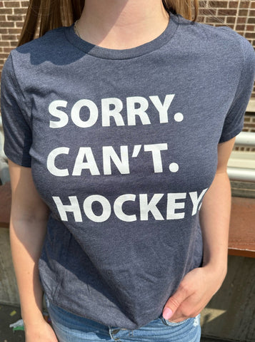 Sorry Can't Hockey Crewneck T Shirt [Heather Navy]