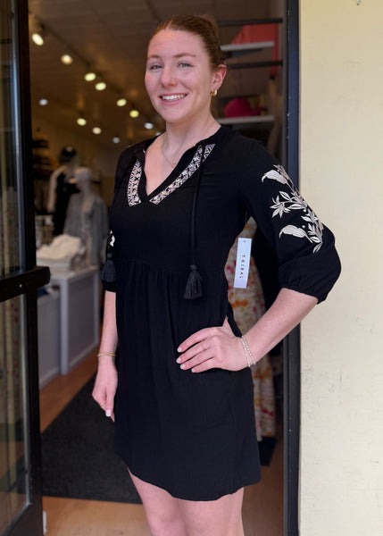 Elbow Sleeve Dress W Embroidery Detail [Black-2455O]