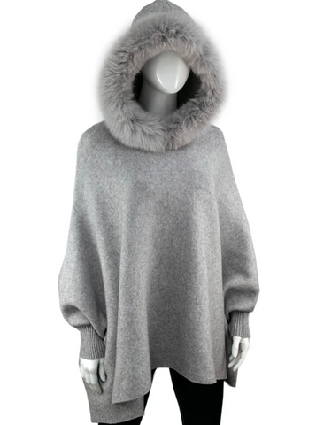 Knit Poncho Fox Trim Hood [Light Grey-POYUW2]