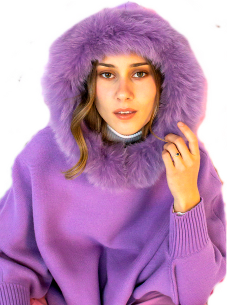 Knit Poncho Fox Trim Hood [Lilac-POYUW2]