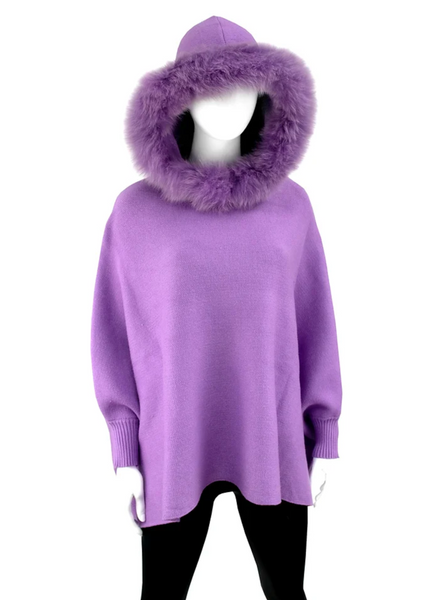 Knit Poncho Fox Trim Hood [Lilac-POYUW2]