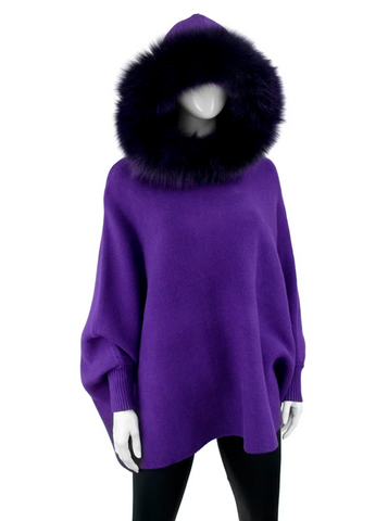 Knit Poncho Fox Trim Hood [Purple-POYUW2]