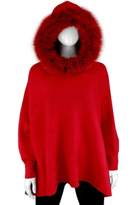 Knit Poncho Fox Trim Hood [Red-POYUW2]