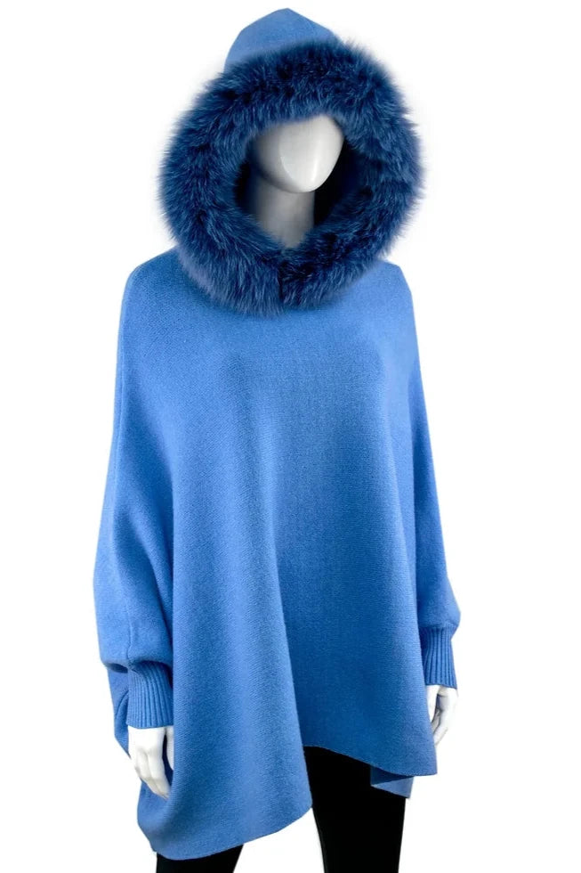 Knit Poncho With Fox Trim Hood [POYUW2-SKBL-BFOX-WGWF-OSZ]