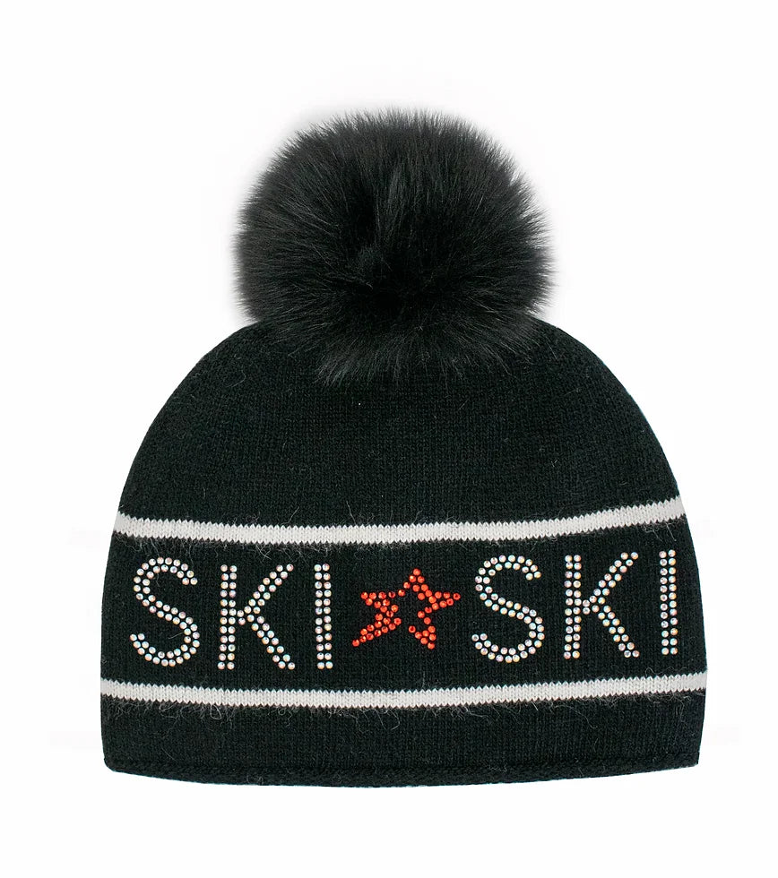 Knit Ski Hat With Crystals and Red Fox Pom [Black-HTAN76-BLCK]