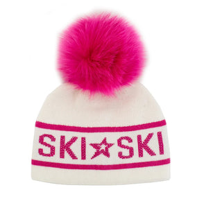  Knit Ski Hat With Crystals and Red Fox Pom [Pink-HTAN76-PNK]