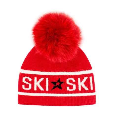 Knit Ski Hat With Crystals and Red Fox Pom [Red-HTAN76-REWH]