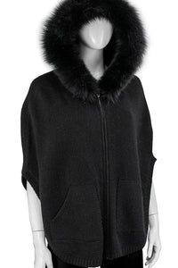 Knit Zip Up Poncho With Fur Hood [Black-POYU17]